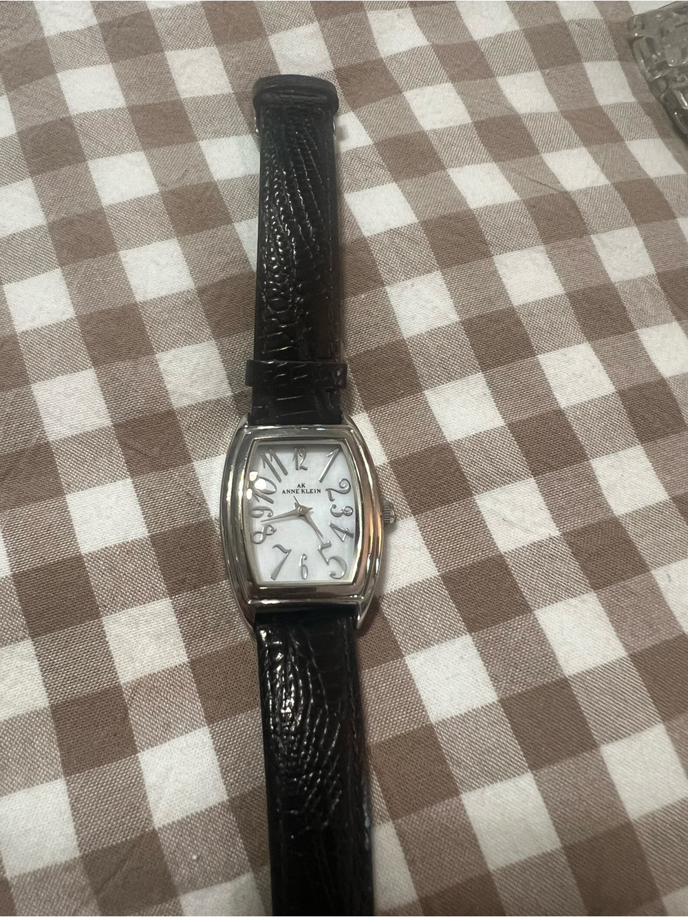 Anne Klein Silver Case Watch with Black Leather Strap